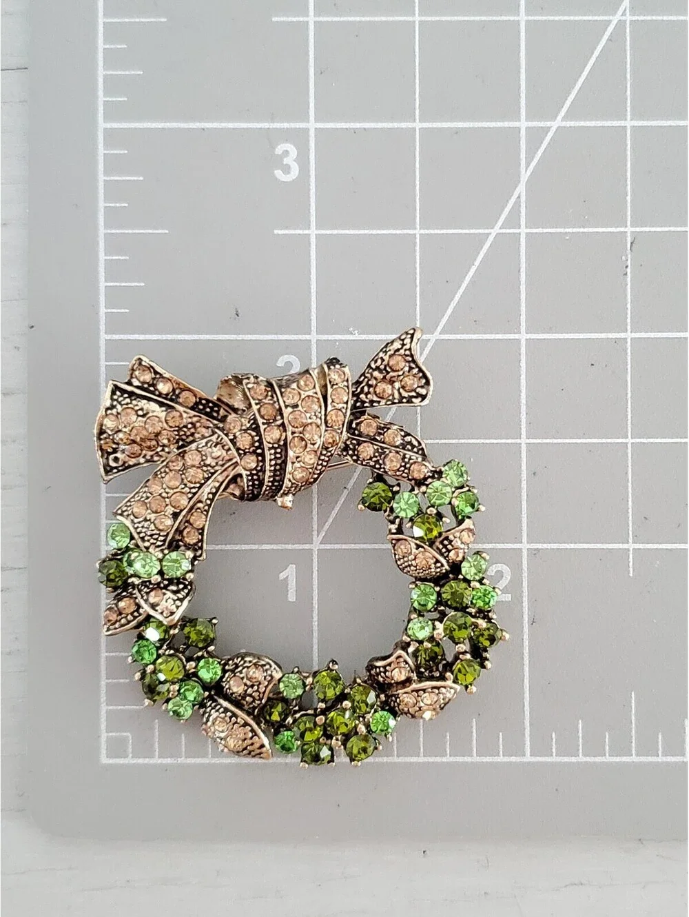 Vintage Green and Tan Rhinestone Bow Wreath Brooch